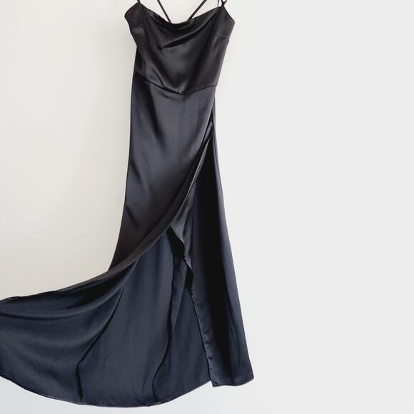 Zara Black Satin Effect Midi / Maxi Dress Gold Chain Spaghetti Straps Medium - Picture 8 of 13